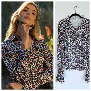 NWT SAMPLE Stellah NY Rainbow Leopard Print Ruffle Collar & Sleeve Cuff Blouse S